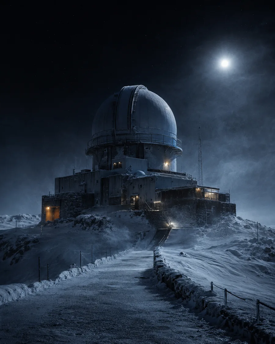 The observatory dome above a snow-covered access stair, in blowing snow under a low moon