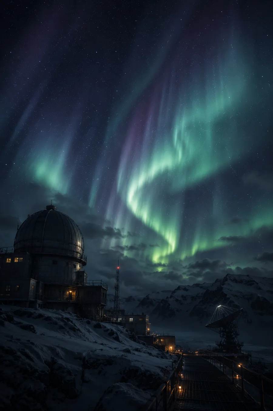 Aurora over the observatory dome and the radio dish, the storm cleared