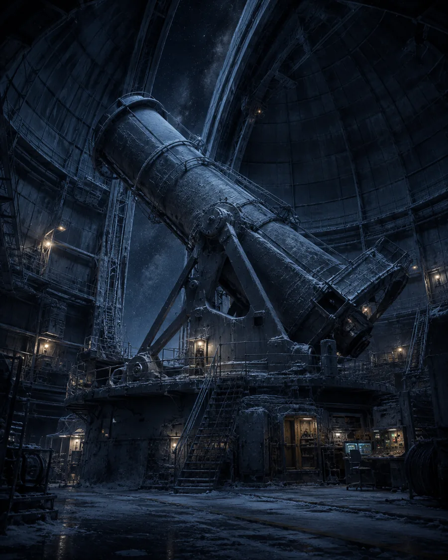 The main telescope inside the dark observatory chamber, tilted toward the open slit